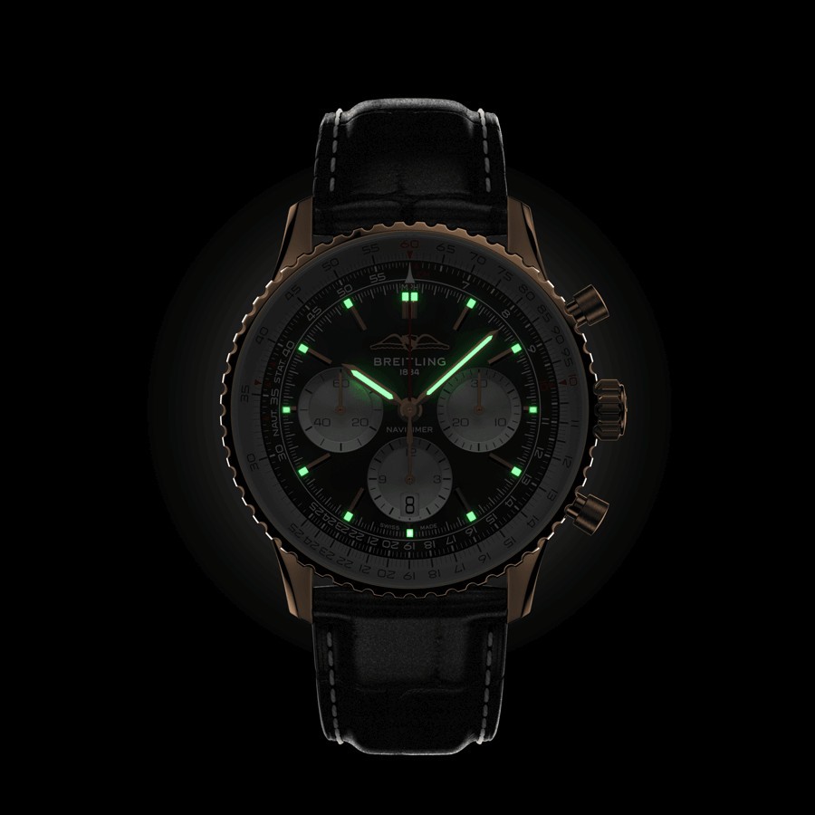 Breitling Navitimer automatic watch Rose Gold B01 Chronograph black dial black leather strap 43 mm