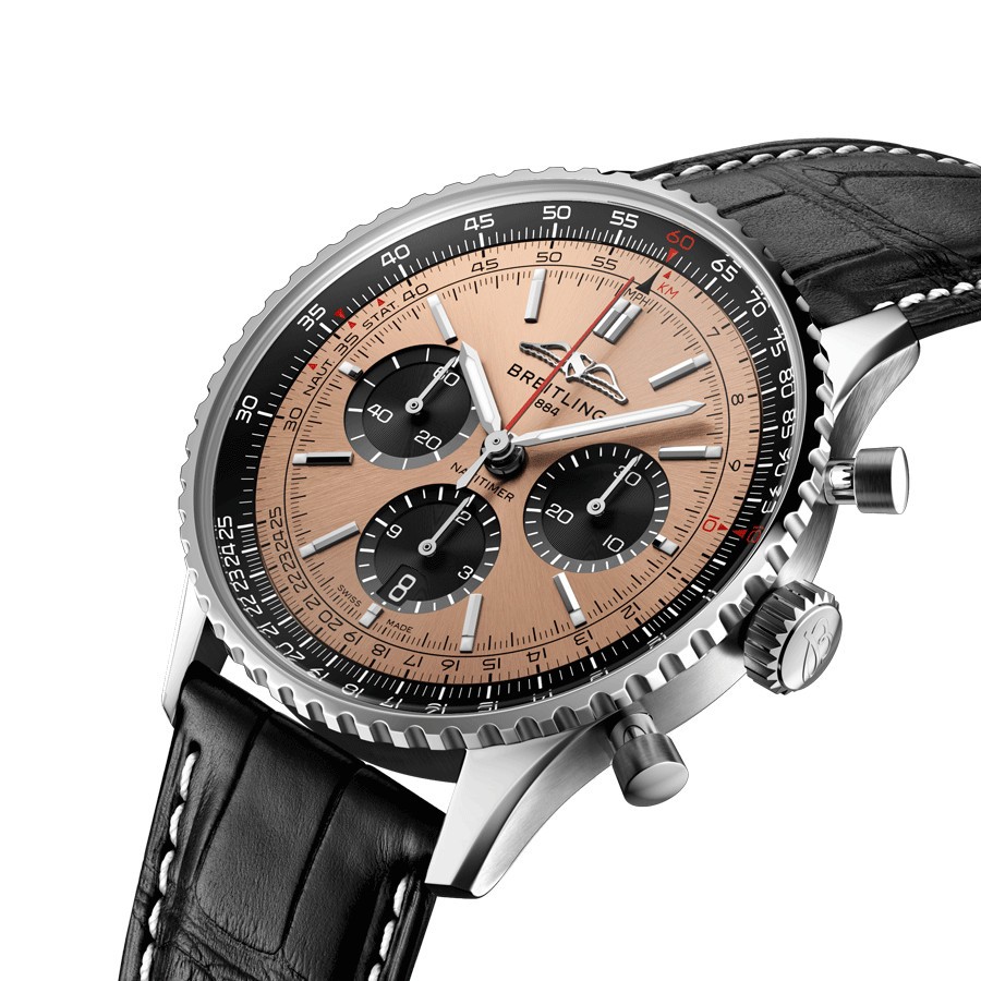 Montre Breitling Navitimer automatique B01 Chronographe cadran cuivre bracelet cuir noir 43 mm AB0138241K1P1