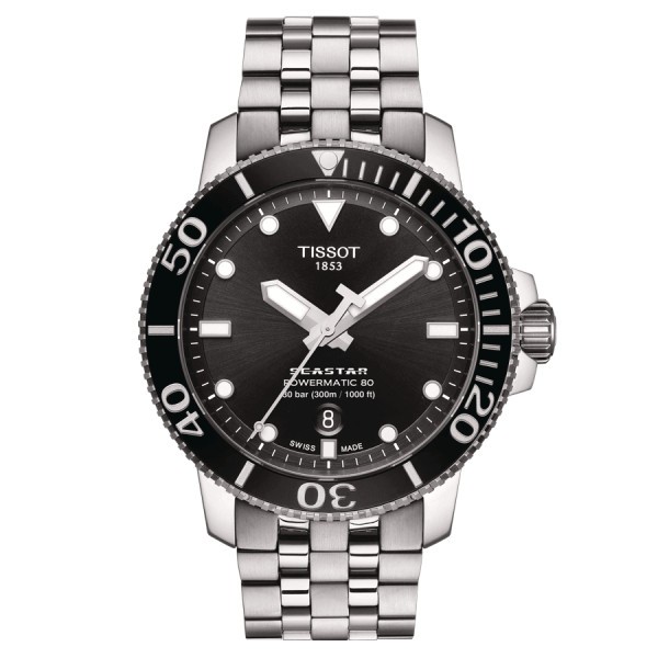 Montre Tissot T-Sport Seastar 1000 Powermatic 80 cadran noir bracelet acier 43 mm