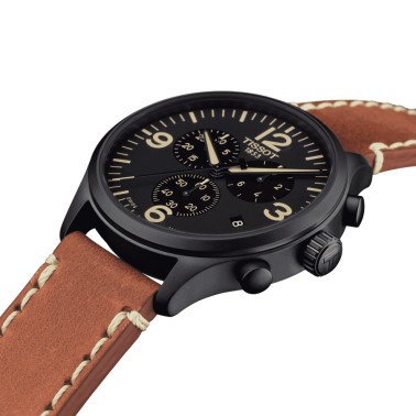 Montre Tissot T-Sport Chrono XL quartz cadran noir bracelet cuir beige 45 mm T116.617.36.057.00