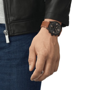 Montre Tissot T-Sport Chrono XL quartz cadran noir bracelet cuir beige 45 mm T116.617.36.057.00