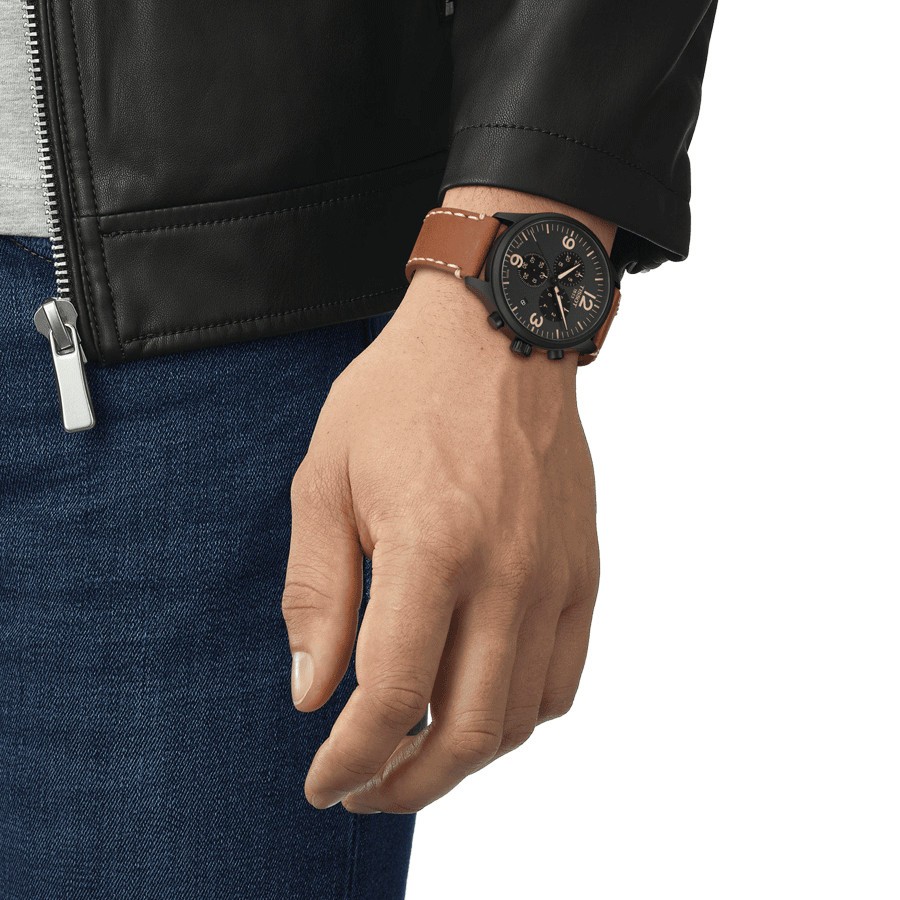 Montre Tissot T-Sport Chrono XL quartz cadran noir bracelet cuir beige 45 mm T116.617.36.057.00