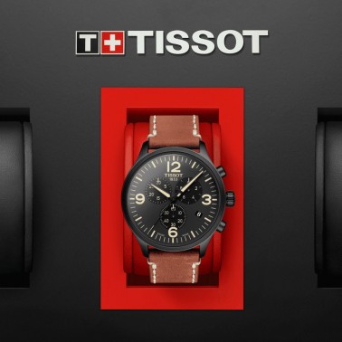 Montre Tissot T-Sport Chrono XL quartz cadran noir bracelet cuir beige 45 mm T116.617.36.057.00