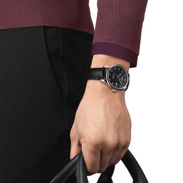 Montre Tissot T-Classic Le Locle Powermatic 80 cadran noir chiffres romains bracelet cuir noir 39,3 mm T006.407.16.053.00