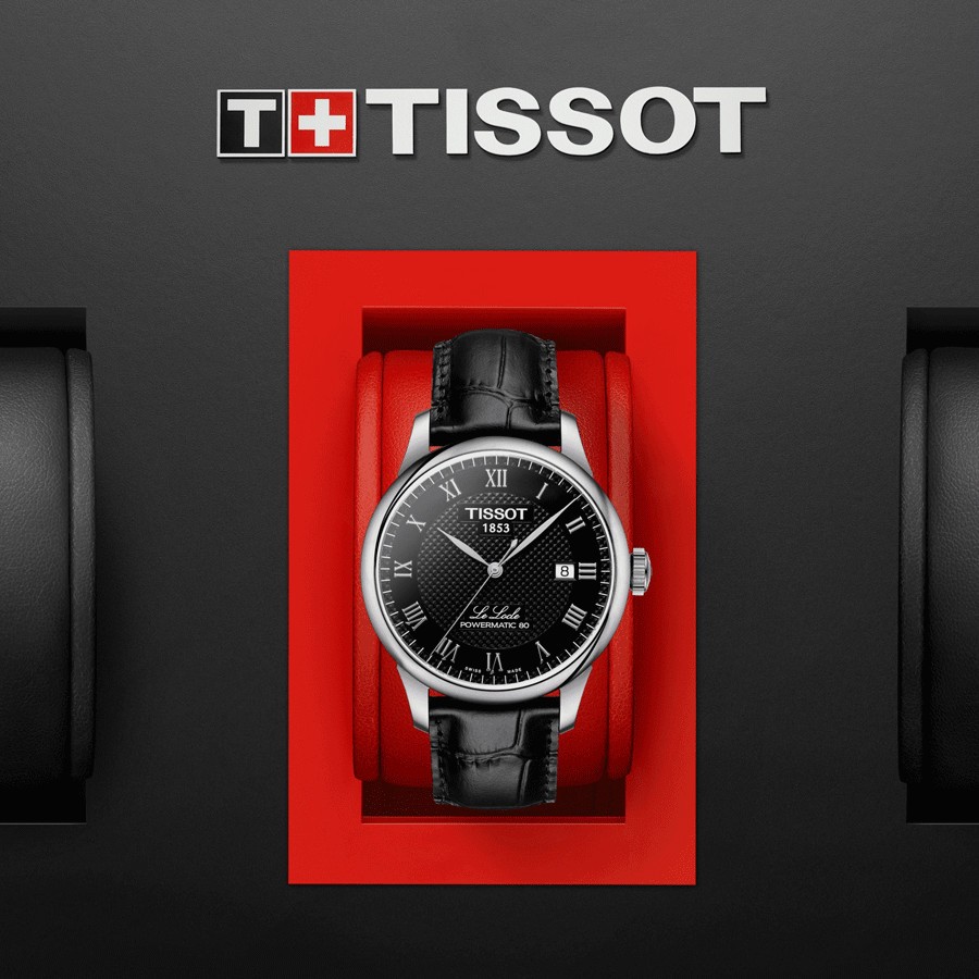 Montre Tissot T-Classic Le Locle Powermatic 80 cadran noir chiffres romains bracelet cuir noir 39,3 mm T006.407.16.053.00