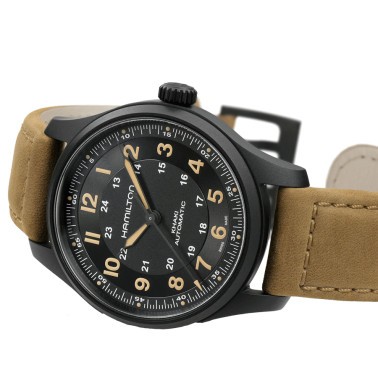 Montre Hamilton Khaki Field Titanium auto cadran noir bracelet cuir brun 42 mm H70665533
