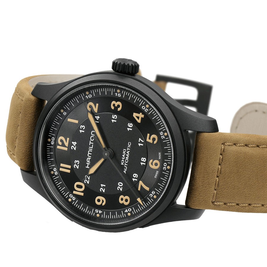 Montre Hamilton Khaki Field Titanium auto cadran noir bracelet cuir brun 42 mm H70665533