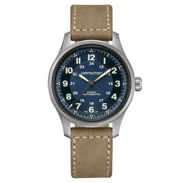 Hamilton Khaki Field Titanium automatic watch blue dial taupe leather strap 42 mm H70545540