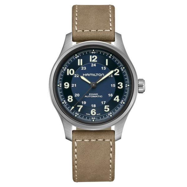Hamilton Khaki Field Titanium automatic watch blue dial taupe leather strap 42 mm H70545540
