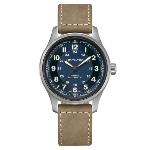 Montre Hamilton Khaki Field Titanium automatique cadran bleu bracelet cuir taupe 42 mm H70545540