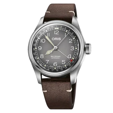 Montre Oris X Cervo Volante Big Crown Pointer Date automatique cadran gris bracelet cuir 38 mm