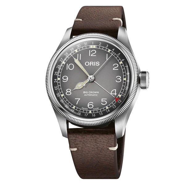 Montre Oris X Cervo Volante Big Crown Pointer Date automatique cadran gris bracelet cuir 38 mm