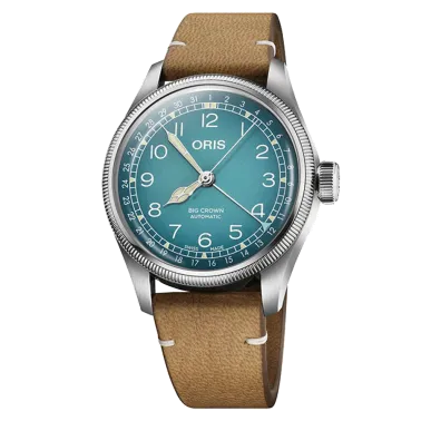 Montre Oris X Cervo Volante Big Crown Pointer Date automatique cadran bleu bracelet cuir 38 mm