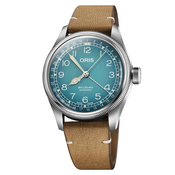 Oris X Cervo Volante Big Crown Pointer Date automatic watch blue dial leather strap 38 mm
