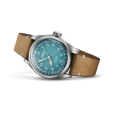 Montre Oris X Cervo Volante Big Crown Pointer Date automatique cadran bleu bracelet cuir 38 mm
