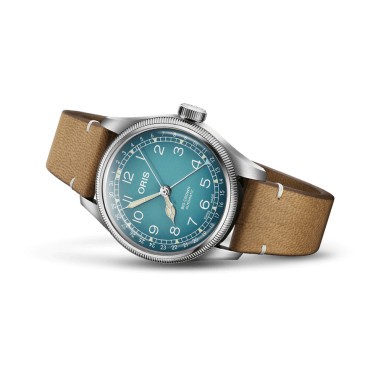Oris X Cervo Volante Big Crown Pointer Date automatic watch blue dial leather strap 38 mm