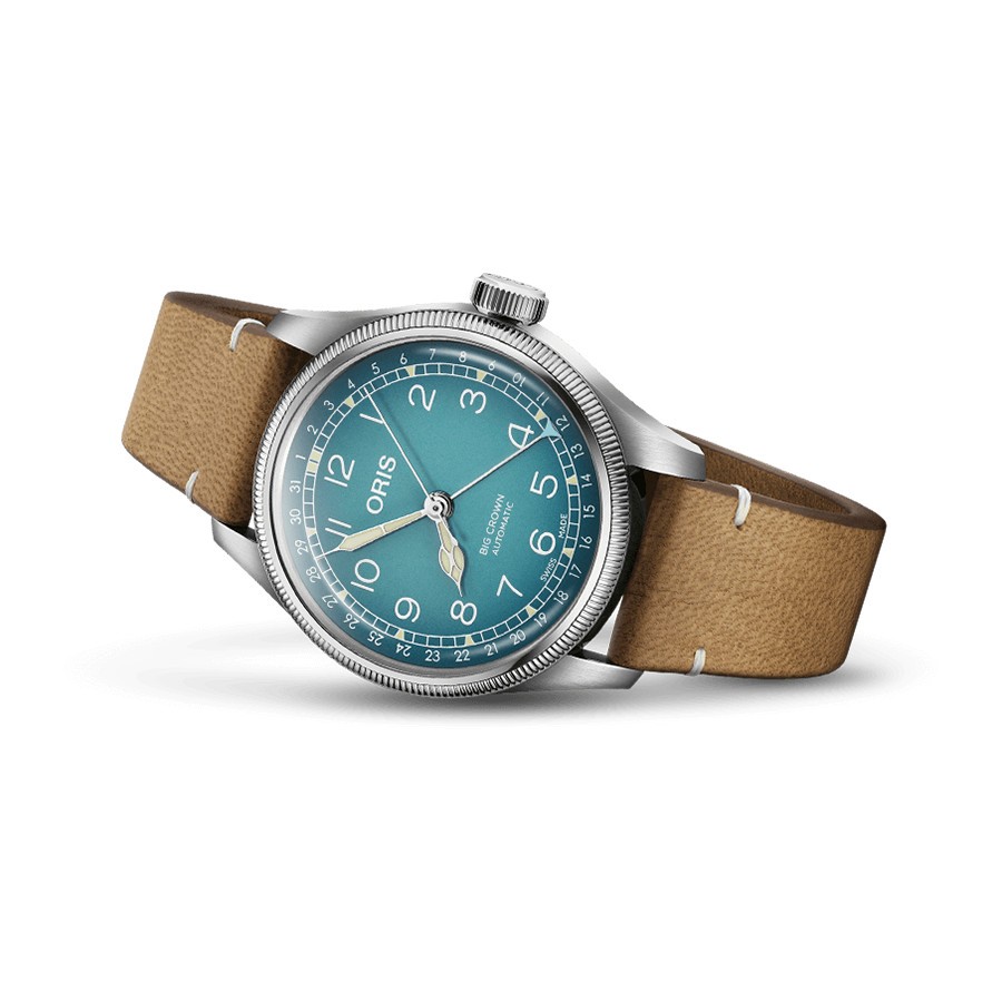 Oris X Cervo Volante Big Crown Pointer Date automatic watch blue dial leather strap 38 mm