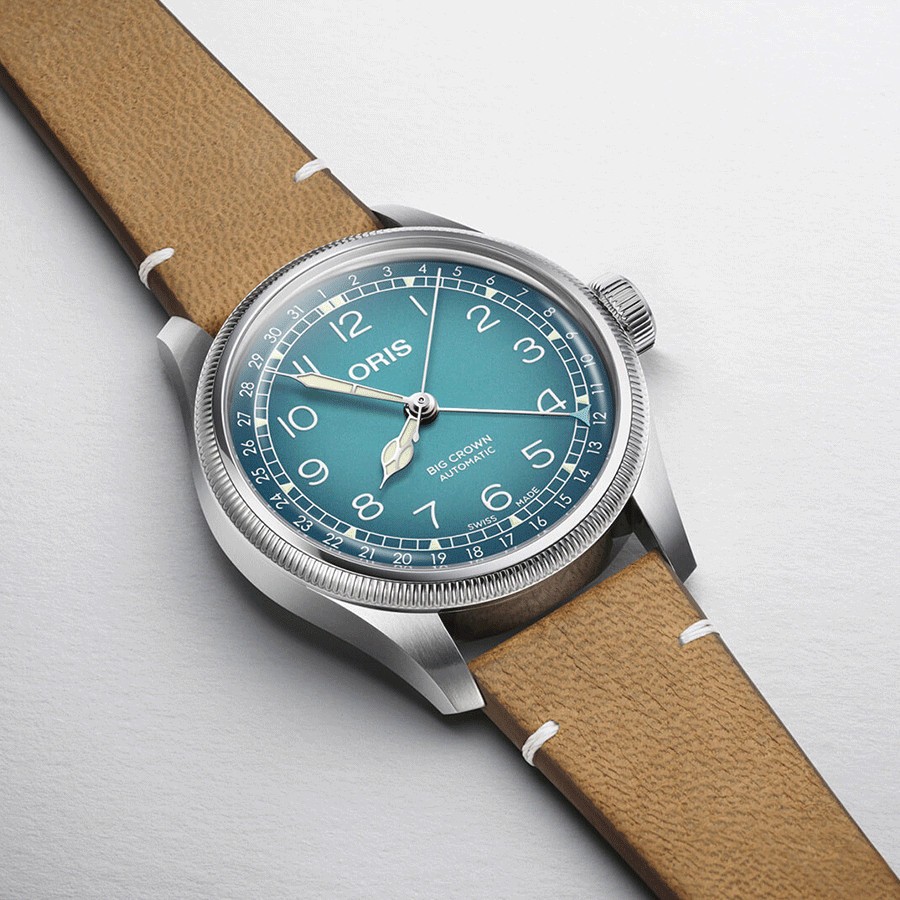 Oris X Cervo Volante Big Crown Pointer Date automatic watch blue dial leather strap 38 mm
