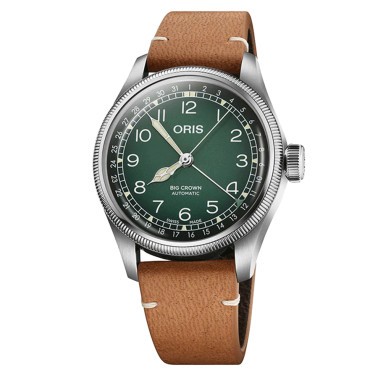 Montre Oris X Cervo Volante Big Crown Pointer Date automatique cadran vert bracelet cuir 38 mm