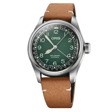Oris X Cervo Volante Big Crown Pointer Date automatic watch green dial leather strap 38 mm