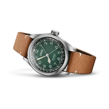 Oris X Cervo Volante Big Crown Pointer Date automatic watch green dial leather strap 38 mm