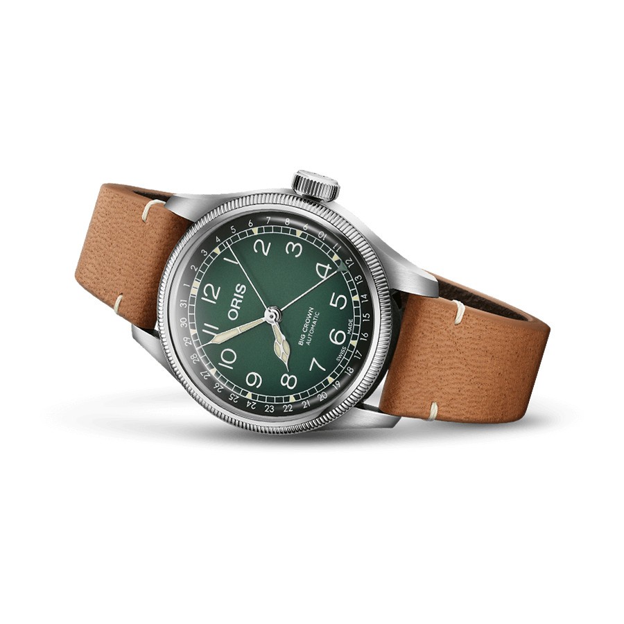 Montre Oris X Cervo Volante Big Crown Pointer Date automatique cadran vert bracelet cuir 38 mm
