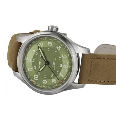 Montre Hamilton Khaki Field Titanium automatique cadran vert bracelet cuir brun 42 mm H70545560