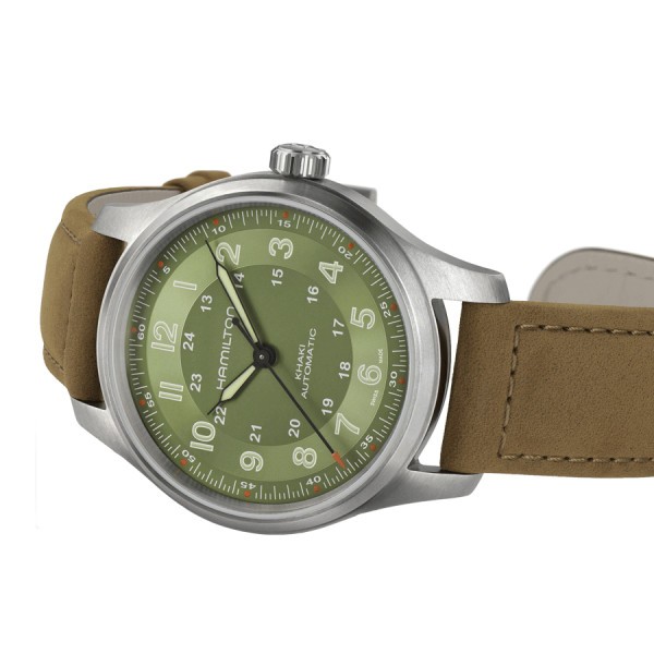 Montre Hamilton Khaki Field Titanium automatique cadran vert bracelet cuir brun 42 mm H70545560