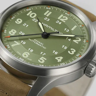 Hamilton Khaki Field Titanium automatic watch green dial brown leather strap 42 mm H70545560