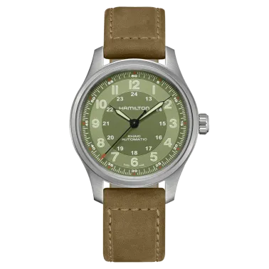 Hamilton Khaki Field Titanium automatic watch green dial brown leather strap 42 mm H70545560