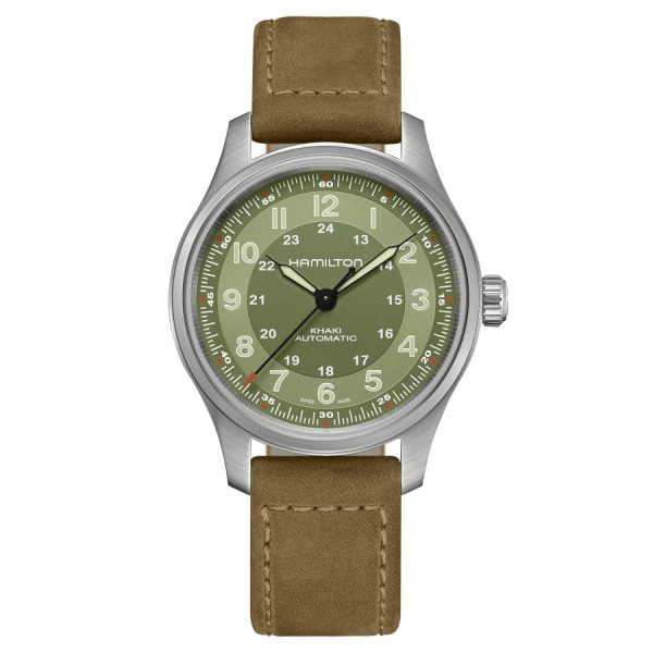 Hamilton Khaki Field Titanium automatic watch green dial brown leather strap 42 mm H70545560