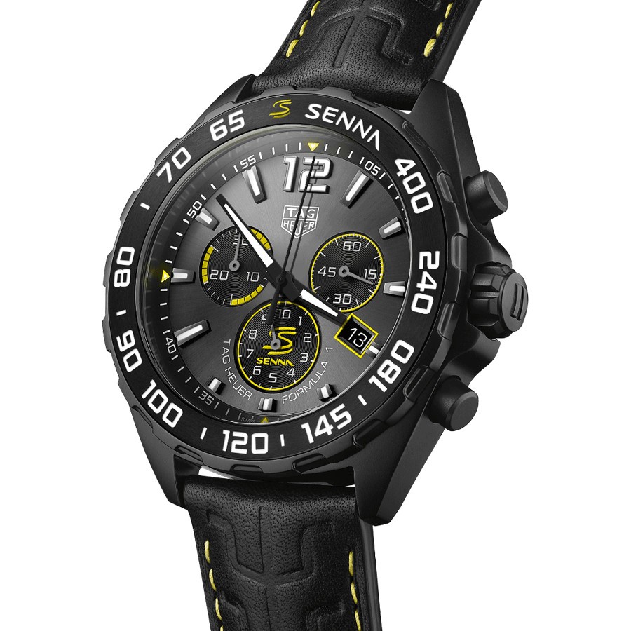 TAG Heuer Formula 1 x Senna Chronograph quartz watch grey dial black leather strap 43 mm CAZ101AJ.FC6487