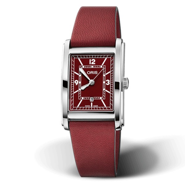 Montre Oris Rectangular automatique cadran rouge bracelet cuir 25.50 x 38.00 mm