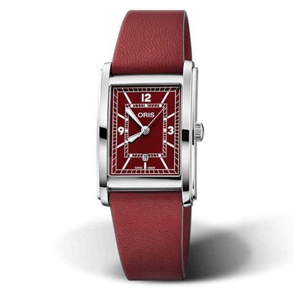 Oris Rectangular automatic watch red dial leather strap 25.50 x 38.00 mm