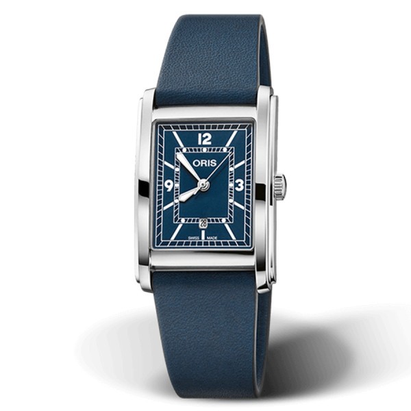 Montre Oris Rectangular automatique cadran bleu bracelet cuir 25.50 x 38.00 mm
