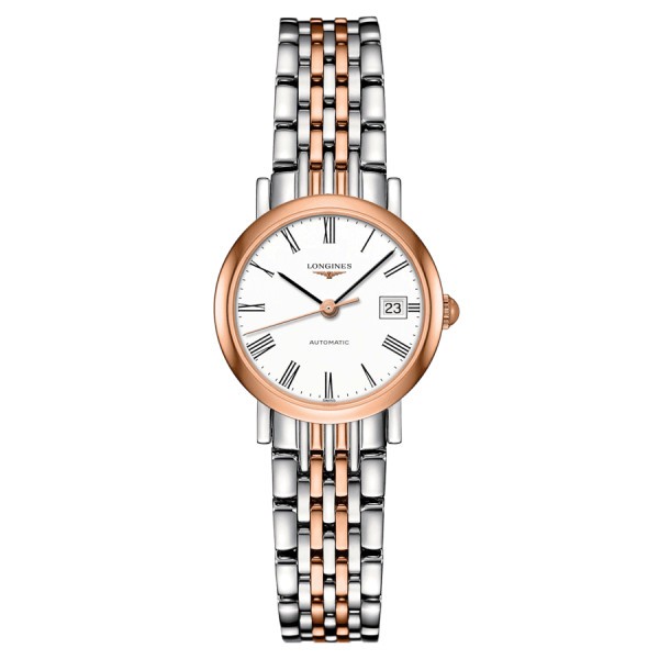 Montre Longines Elegant Collection automatique cadran blanc bracelet acier et or rose 25,5 mm L4.309.5.11.7