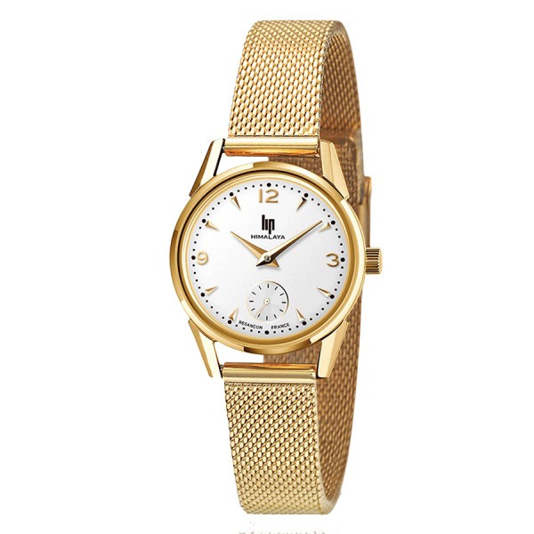 Montre Lip Himalaya quartz PVD or jaune cadran blanc argenté bracelet acier en mailles milanaises doré 29 mm