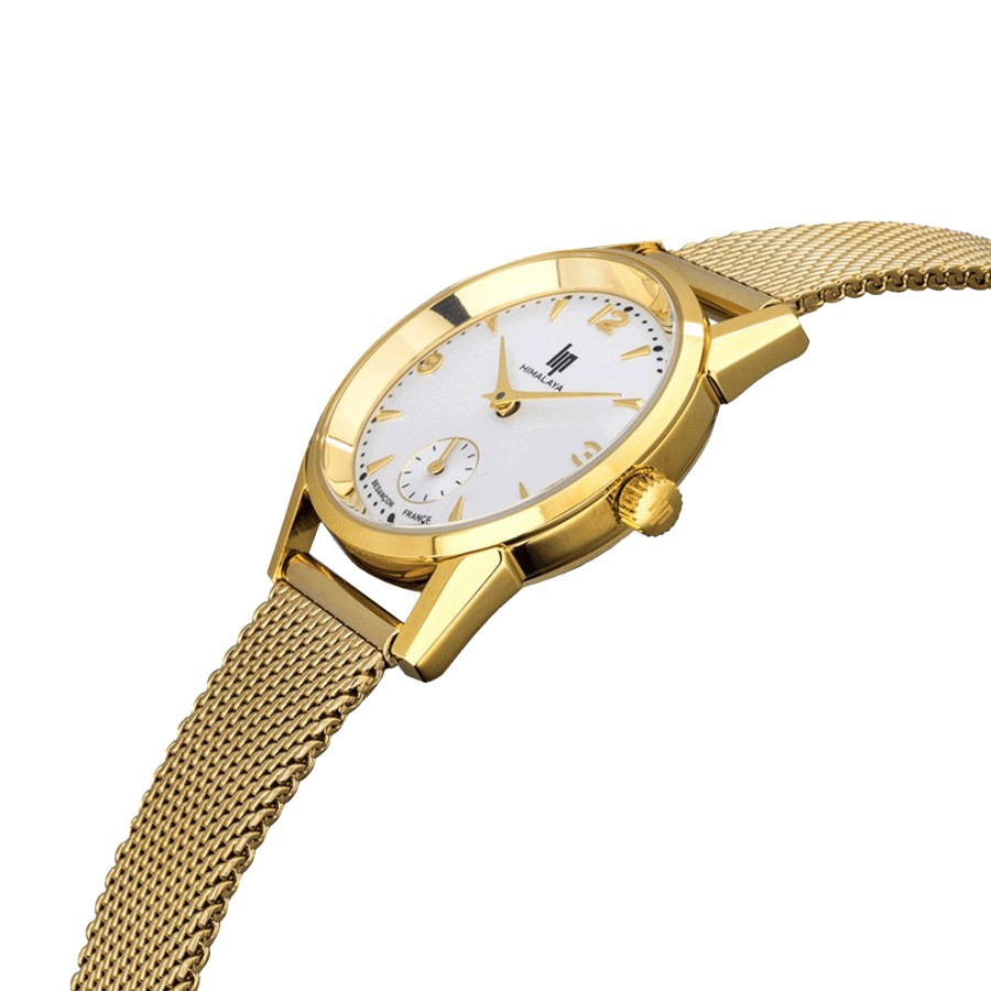 Montre Lip Himalaya quartz PVD or jaune cadran blanc argenté bracelet acier en mailles milanaises doré 29 mm