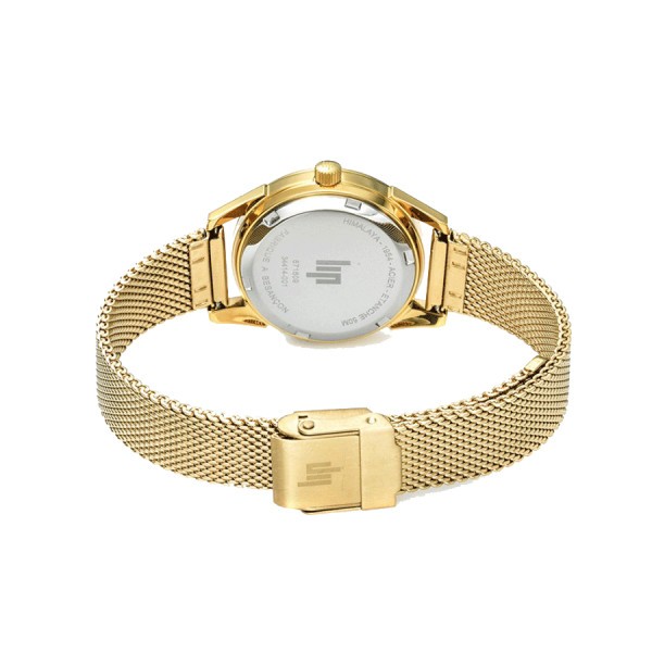 Montre Lip Himalaya quartz PVD or jaune cadran blanc argenté bracelet acier en mailles milanaises doré 29 mm