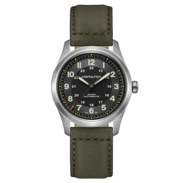 Hamilton Khaki Field Titanium automatic watch black dial green leather strap 38 mm H70205830