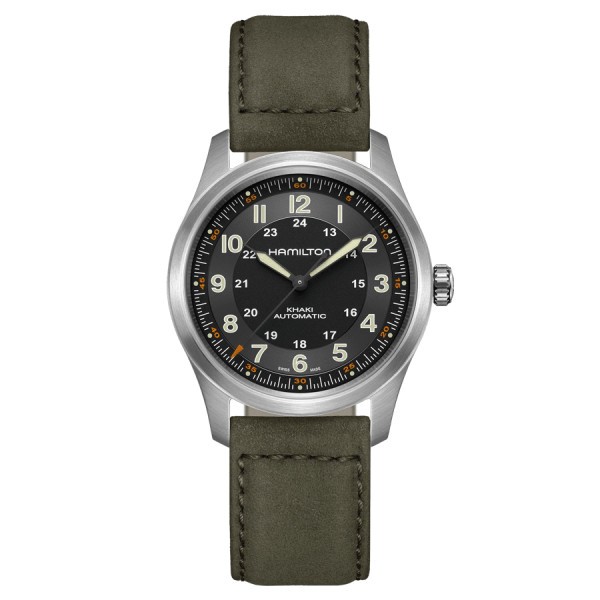 Hamilton Khaki Field Titanium automatic watch black dial green leather strap 38 mm H70205830