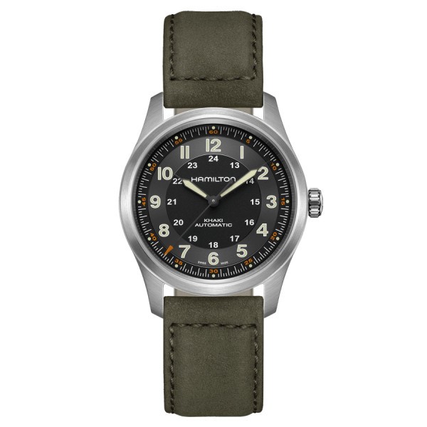 Montre Hamilton Khaki Fiel Titanium automatique cadran noir bracelet cuir vert 38 mm H70205830