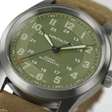 Montre Hamilton Khaki Fiel Titanium automatique cadran vert bracelet cuir vert 38 mm H70205860