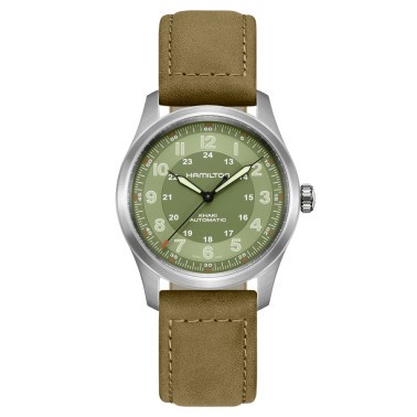Montre Hamilton Khaki Fiel Titanium automatique cadran vert bracelet cuir vert 38 mm H70205860