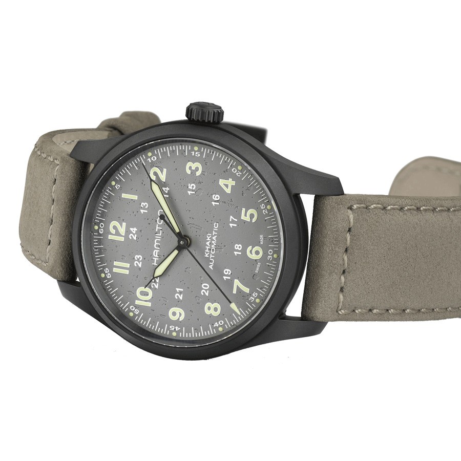 Montre Hamilton Khaki Fiel Titanium PVD noir automatique cadran gris bracelet cuir gris 38 mm H70215880