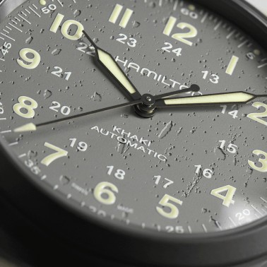 Hamilton Khaki Field Titanium PVD black automatic watch grey dial grey leather strap 38 mm H70215880