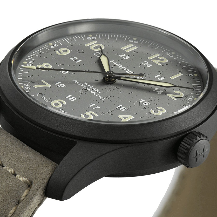 Montre Hamilton Khaki Fiel Titanium PVD noir automatique cadran gris bracelet cuir gris 38 mm H70215880