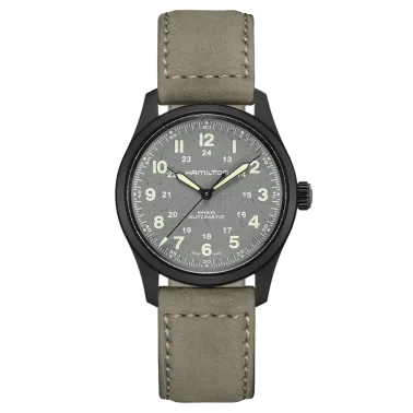 Hamilton Khaki Field Titanium PVD black automatic watch grey dial grey leather strap 38 mm H70215880