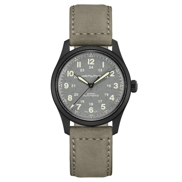 Hamilton Khaki Field Titanium PVD black automatic watch grey dial grey leather strap 38 mm H70215880