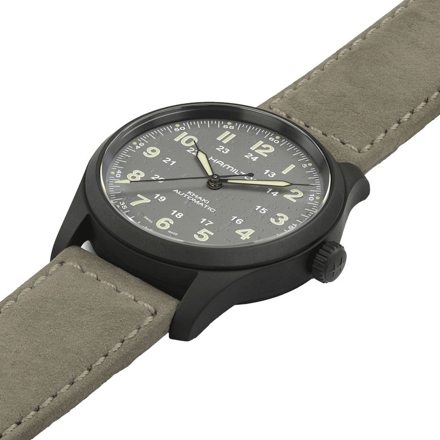 Montre Hamilton Khaki Fiel Titanium PVD noir automatique cadran gris bracelet cuir gris 38 mm H70215880